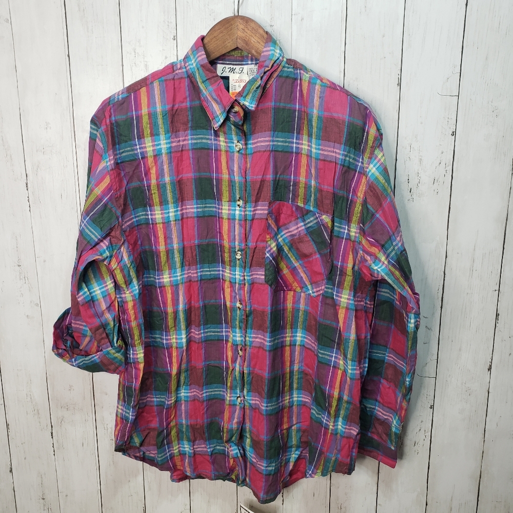 Vintage Deadstock NWT J.M.I Madras Plaid Button Up Size Medium. Condition is New